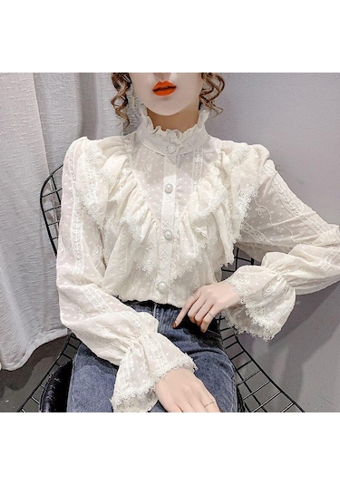Moda Fırfır Vintage Bluz Kadınlar Zarif Uzun Kollu Dantel Gömlek Gevşek Şifon Gömlek Standı Yaka Pilili Blusas Tops 15832 Kayısı Açık Bej