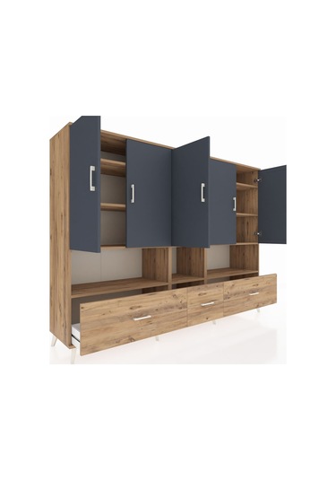 Hyperion Dolap 12 Raflı 3 Çekmeceli 5 Kapaklı 220x44x163 Çam-antr Çam-antrasit/çam