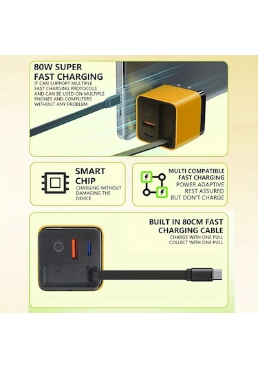 Fochsia En Yeni Gan Teknolojisi 60w 3 Portlu Hızlı Şarj Cihazı 30 Dakikada Şarj Edilebilir Üçlü Port Usb C İle Iphone Samsung Ipad Uyumlu