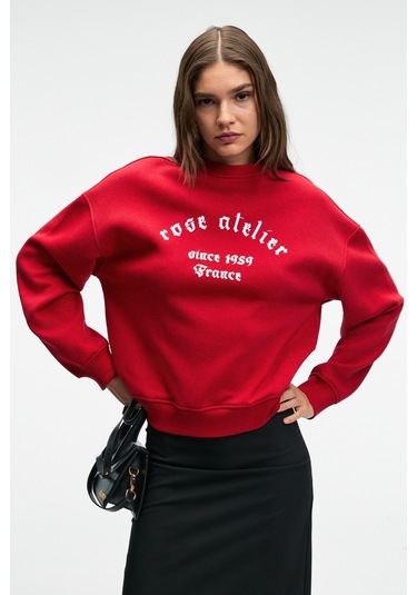 Grımelange Morevessa Kadın Regular Fit Baskı Detaylı Yuvarlak Yakalı Kırmızı Sweatshirt Kırmızı