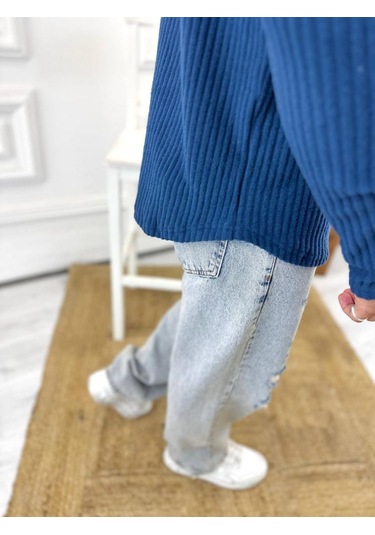 Uzun Kollu Tişört Fitilli Bisiklet Yaka Yumuşak Dokulu Tüylenmez Pamuklu Kazak Sweatshirt Lacivert