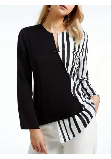 Kadın Bisiklet Yaka Düğmeli Çizgi Desenli Uzun Kollu Keten Bluz Siyah