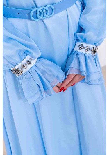 Yaka Fırfırlı Boncuk İşlemeli Şifon Abiye 2716-bebe Mavisi Bebe Mavisi Mavi