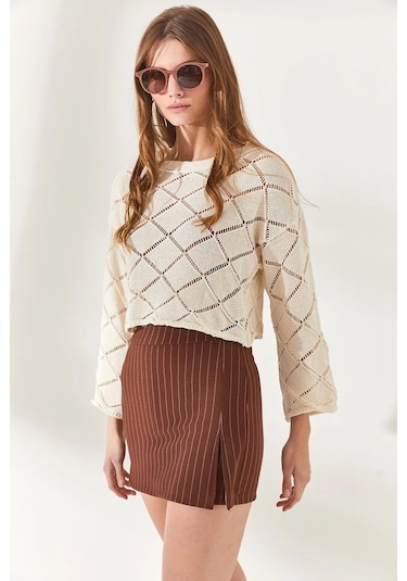 Alisse Kadın Kahverengi Çizgili Likralı Mini Yırtmaçlı Şort Etek Kahvrengi Çizgili Kahverengi