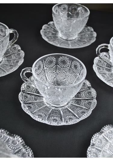12 Parça Kristal Cam Çay Seti 200 Ml 6 Kişilik Lüx Çay Fincan Ta Şeffaf