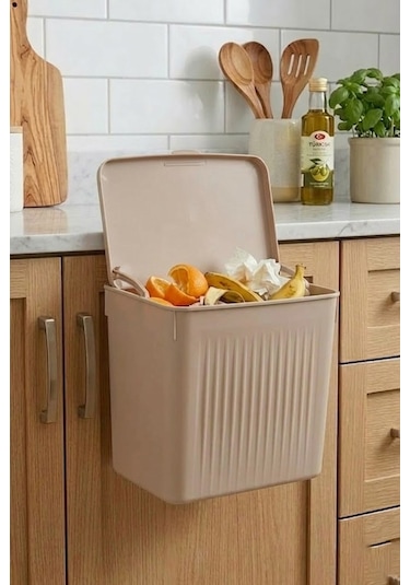 Askılı Ve Yapışkanlı Mutfak Ve Banyo İçin Pratik Çöp Kovası 8lt Açık Kahve