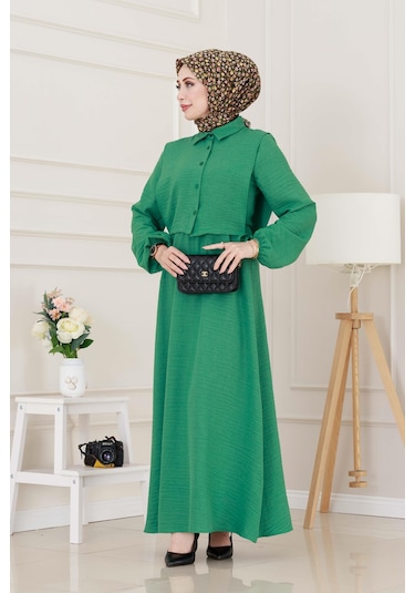 Yanları Bağlamalı Elbiseli Takım-yeşil-5025 Yeşil