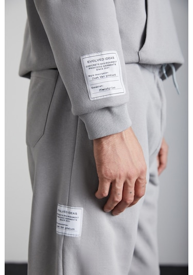 Ashbourne Erkek Oversize Kanguru Cepli Kol Etiket Detaylı Organik Pamuk Gri Eşofman Takımı