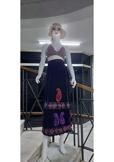 Hint Batik Çiçek Desenli Ve İşlemeli Uzun Hint Anvelop Etek Lacivert