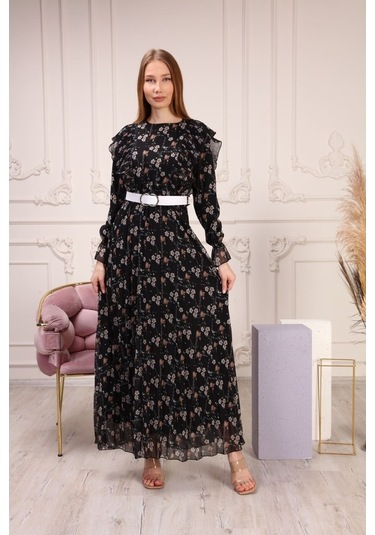 Aymeravm - Omuzu Fırfırlı Desenli Kadın Elbise - She2301Ga