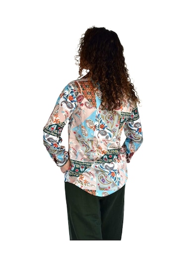 Kadın Saten Baskıkılı Desen Uzun Kol Gömlek Bgl-st04214 Yeşil