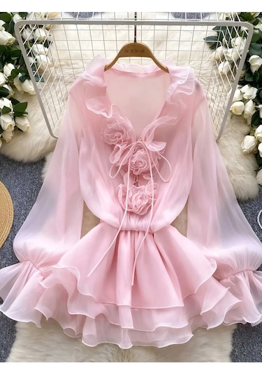 Havens Lia Şifon Gül Detay Elbise Pembe