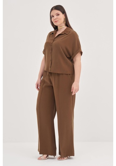 Kısa Kollu Oversize Gömlek-1801 Kahverengi