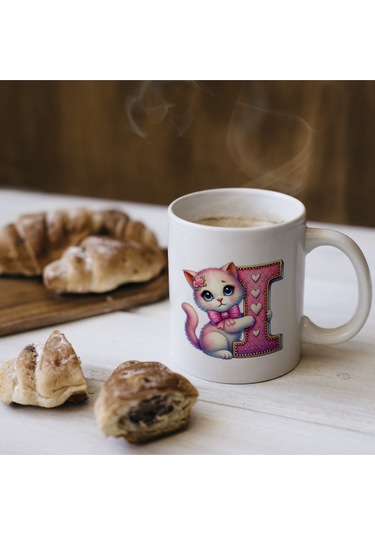 I Harfli Bardak, Sevimli Kedili Pembe Tasarım Bardak, Arkadaşa Aileye Hediye Porselen Beyaz