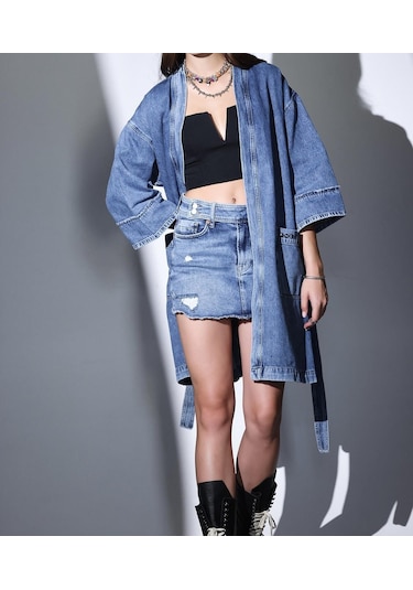 Pinchofficial Julia İndigo Arkası Taşlı Bağlamalı Kimono - Mavi