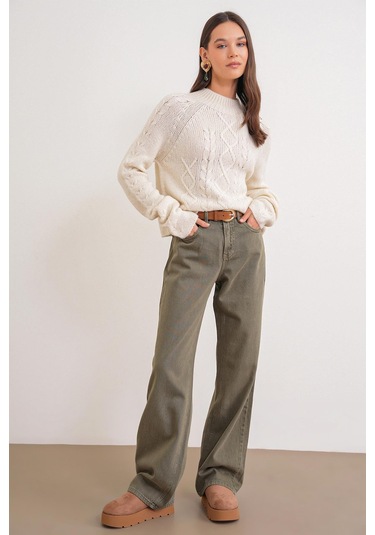 6855 Kadın Dik Yaka Saç Örgülü Triko Kazak Krem Krem