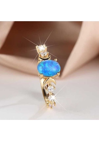 Dancemonkey Yüzük Retro Oval Opal Nişan Küçük Kadın Alyansı Beyaz&mavi Ay Desenli 6 Jg Şık Zarif Takı Modelleri Çok Renkli