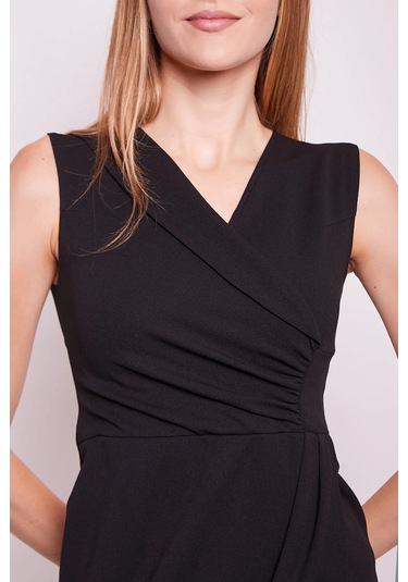 Kruvaze Anvelop Önü Büzgülü Şal Yakalı Kolsuz Likralı Krep Kumaş Elbise-siyah Siyah