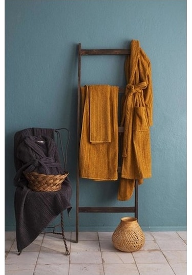 Apricitas Home Timeless Antrasit-safran %100 Pamuk 6 Parça Aile Bornoz Seti Antrasit