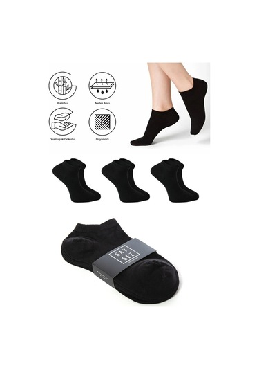 Bambu Erkek Patik Düz Siyah Renk Çorap Dikişsiz Premium 3'lü Paket Siyah