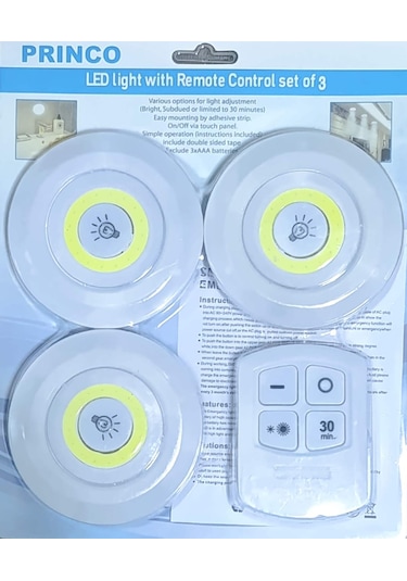 Prınco Uzaktan Kumandalı Yapışkanlı Kablosuz Pilli Led 3'lü Spot Lamba
