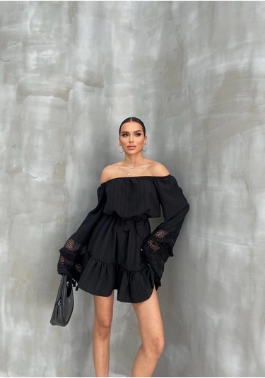 Nana & Mayka Moda Kadın Siyah Madonna Yaka Mini Elbise Bohem Tarz Püsküllü Kuşaklı Yazlık Siyah