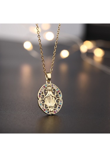 Dini Bakır Mikro Mıhlanmış Renkli Zirkon Taşlı Pandantif, Kadın Takısı, Katolik Meryem Ana Kolyesi F. F. Altın