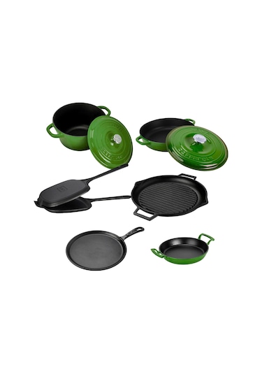 Lava Döküm 6x Trendy Serisi 9 Parça Tencere & Tava Seti Yeşil Kırmızı