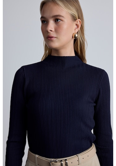 Yüksek Yaka Triko Bluz Lacivert Lacivert