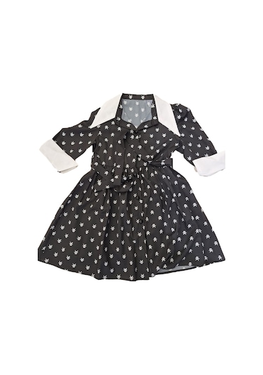 Kız Çocuk Elbise Yaka Ve Manşet Detaylı Boydan Düğmeli Ve Kuşaklı 7-12 Yaş 12420 Siyah