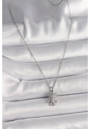 316l Çelik Gümüş Renk Zincir Zirkon Taşlı Ayıcık Figür Kadın Kolye - Tj-bko9811 Gümüş