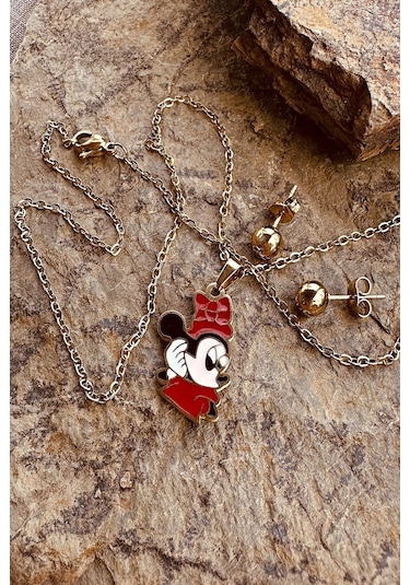 Mini Şık Kıyafetiyle Sizlerle Tatlı Mouse Paslanmaz Çelik Gold Renk Kolye Küpe Seti Altın