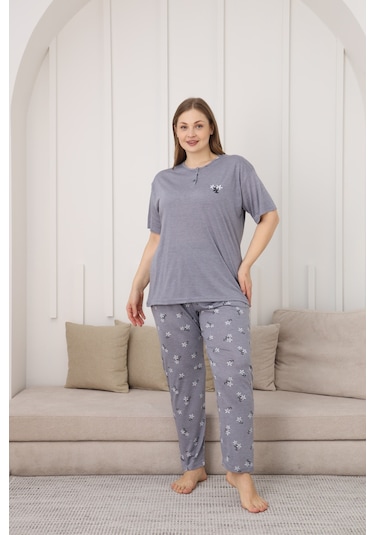 Viskon Kumaş Kadın Büyük Beden Kısa Kollu Pijama Takımı Mavi