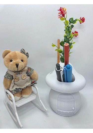 Kalemlik-ayıcık- Beyaz- Sima Mantar Çiçekli Üç Gözlü Kalemlik Düzenleyici Beyaz