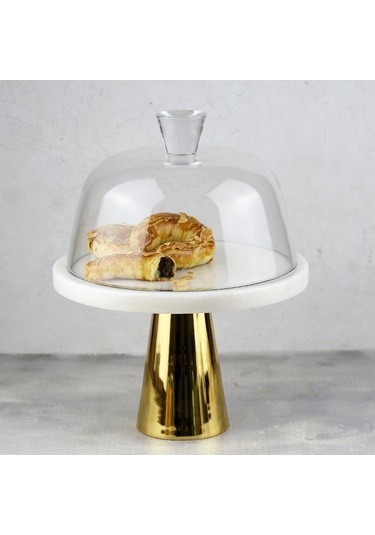 Akayev Mermer 25 Cm Altın Konik Ayak Beyaz Kalın Cam Fanus