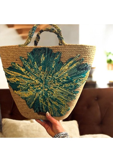 Hasır Çanta, Plaj Çantası, Tasarım Çanta, Yeşil Desenli El Çantası Yeşil - Kahverengi