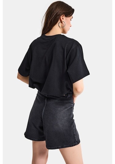 Itsbasic Kadın Siyah S6-1 Oversize Glamour Baskılı %100 Koton T-shirt