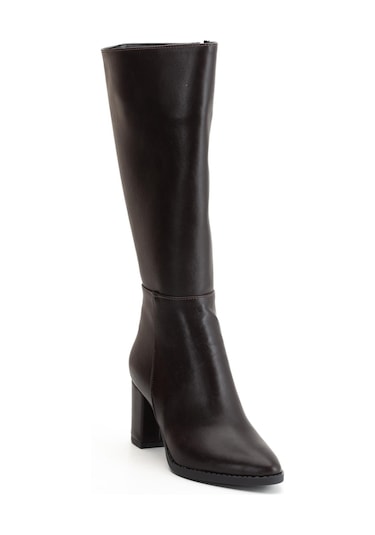 Kadın Topuklu Çizme Kahve Suni Deri Sivri Burun-4208 Kahve