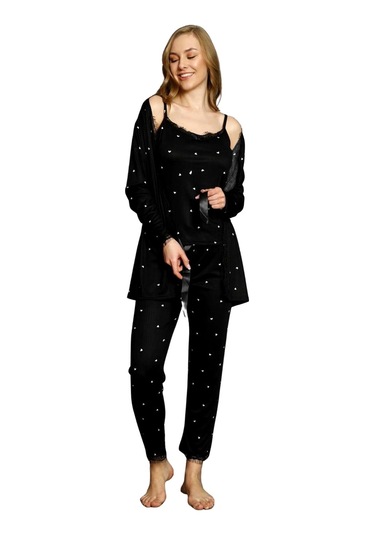 Sabahlıklı Dantel Detaylı Pegasus Kadın Pijama Takımı-çeyizlik Takım- Geniş Beden Aralığı Siyah