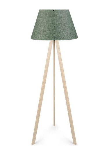 Pratik Tripod Krem Ahşap Gövdeli Konik Haki Başlıklı Lambader Yeşil Köşe Lambası Yeşil