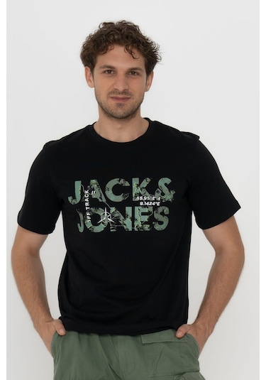 Jack & Jones 12215700 Techlogo Bisiklet Yaka Logolu Erkek Tişört Siyah Beyaz