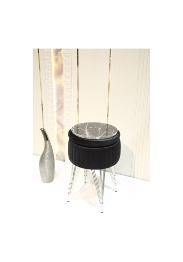 Bianco Metal Ayaklı Sehpalı Puf Krom Siyah Chrome Black