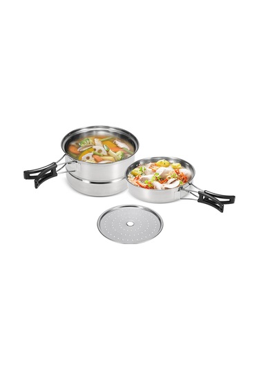 Geeksen Stainless Steel 3'lü Kamp Tencere Seti: Kettle, Tava Ve Buhar Tepsisi İle Çeşitli Pişirme Yöntemleri Gümüş