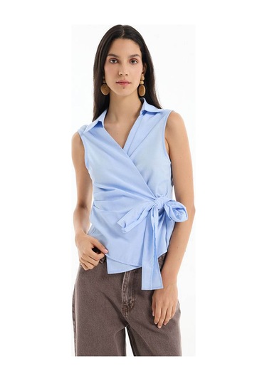 Quzu Önü Bağlama Detaylı Mavi Kadın Bluz Blz00538 Mavi