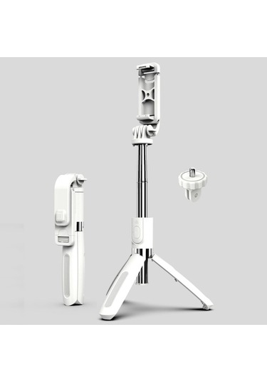 Rogfer L02 100 Cm Çok Fonksiyonlu Ayarlanabilir Bluetooth Kendini Zamanlayıcı Kutup Tripod Selfie Stick White - Gümüş