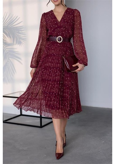 Neşeli Butik Kadın Kemerli Puantiye Desenli Şifon Elbise Nbmy3286 Bordo