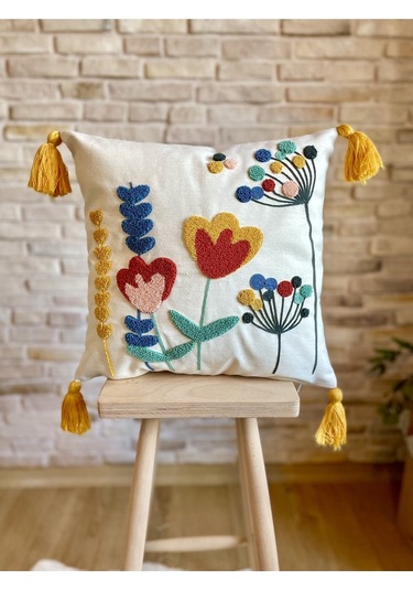 Swita Home Punch İşlemeli Tekli Dekoratif Özel Tasarım Kırlent Kılıfı Panç Çok Renkli