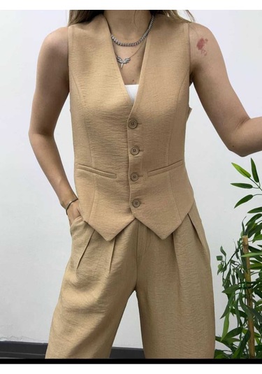 Nevege Butik Nevege Kadin V Yaka Camel Astarli Keten Yelek Camel