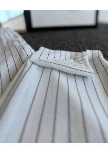 Alaçatı Stili Erkek Krep Kumaş Çizgili Gömlek Ve Pantolon Takım Beyaz