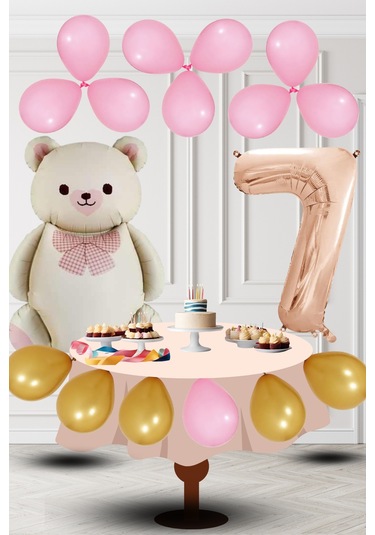 7 Yaş Retro Folyo Krem Ayıcık Pembe Gold Balon Rose Gold Rakam Doğum Günü Süsleme KREM